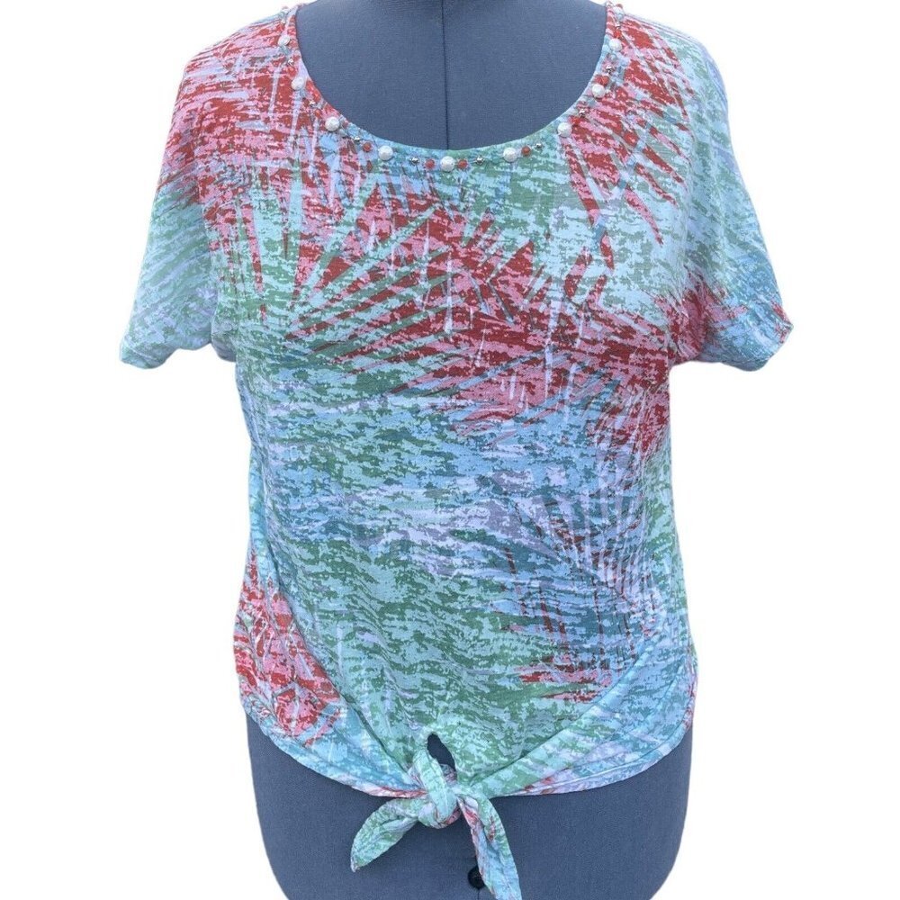 LARA LANE Petites Tie-Front Top Size PL‎ Multicolor Scoop Neck Gemmed Burn-Out